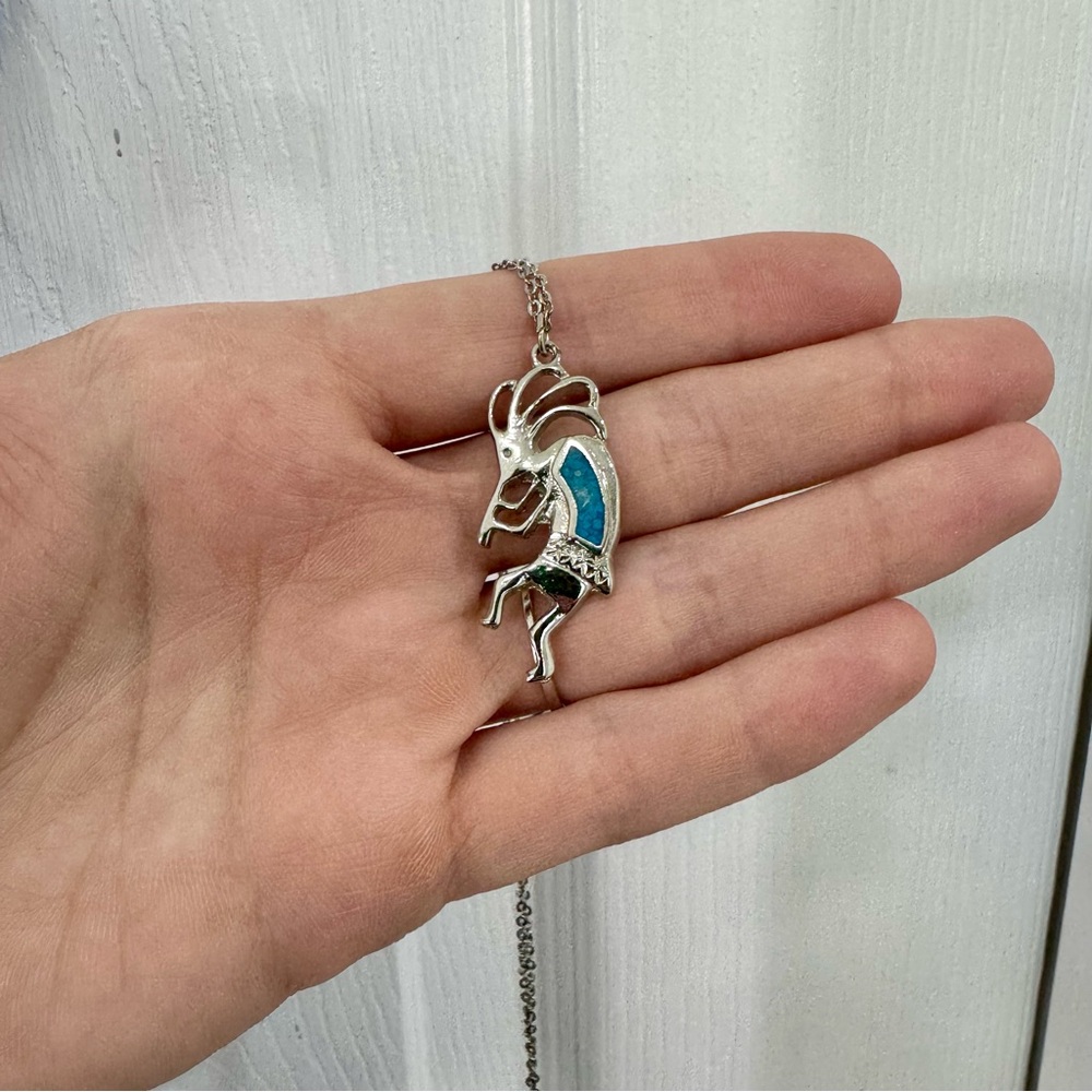 Vintage Silver Native American Authentic Kokopelli Turquoise Opal Inlay Necklace